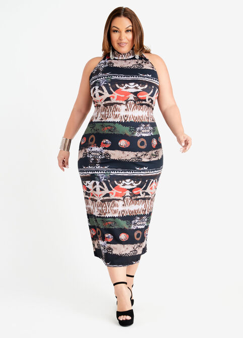 Printed Midi Bodycon Dress, Multi image