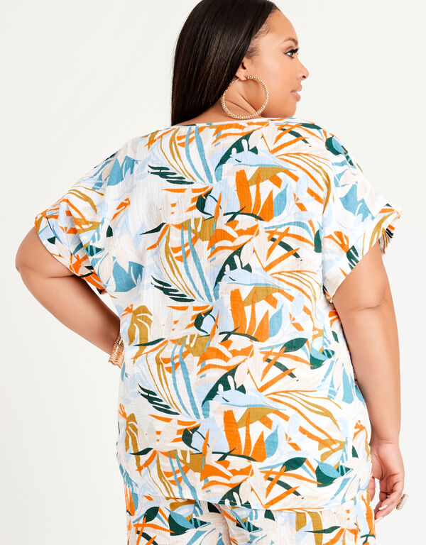 Tropical Tie Front Cap Sleeve Top, White image number 1
