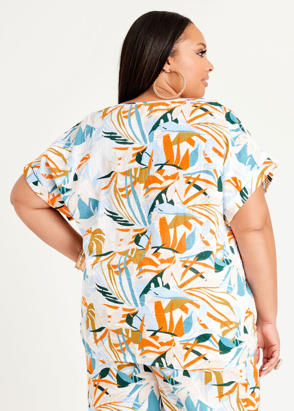 Tropical Tie Front Cap Sleeve Top, White image number 1