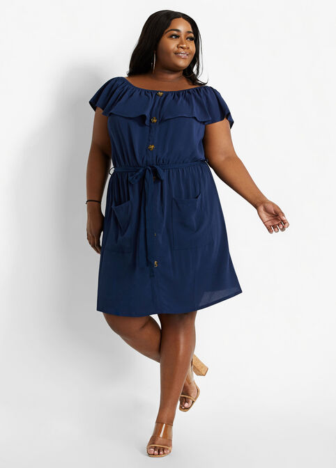Plus Size Belted Off The Shoulder Ruffle Peasant Summer Mini Dresses image number 0