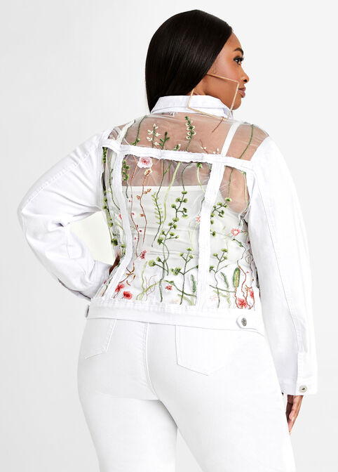 White Floral Mesh & Denim Jacket, White image number 1