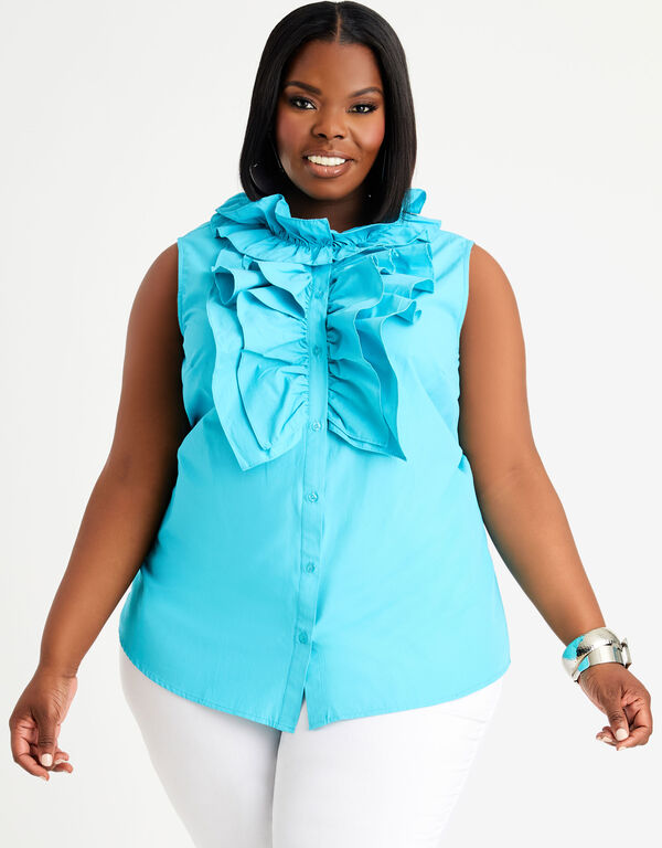Ruffle Cotton Sleeveless Button Up, Blue image number 0