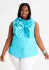 Ruffle Cotton Sleeveless Button Up, Blue image number 0