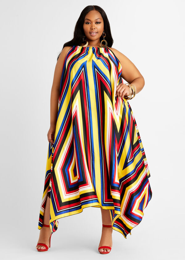 Plus Size Geo Colorblock Chain Halter Scarf Vacation Maxi Party Dress