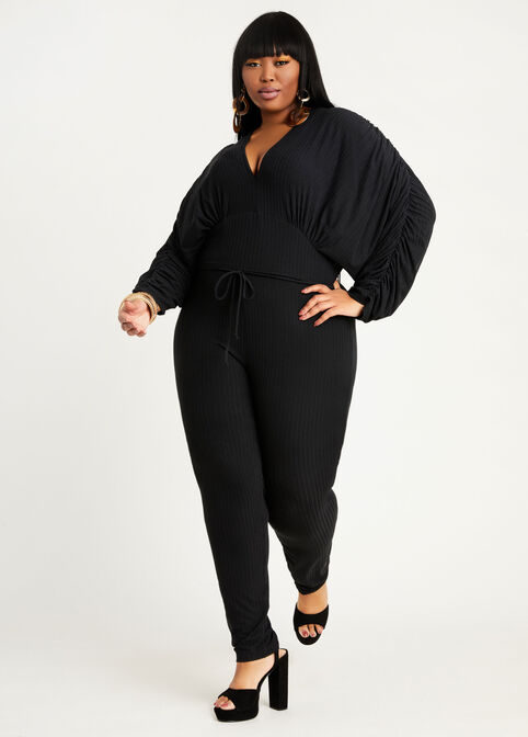 Plus Size Ruched Rib Knit Belted Dolman Sleeve Sexy Skinny Jumpsuit image number 0