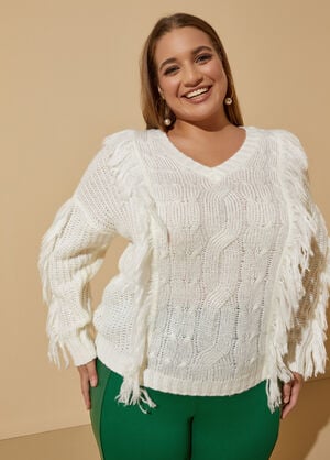 Fringed Cable Knit Sweater, White image number 0