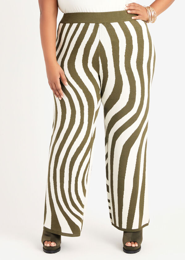 Zebra Intarsia Wide Leg Pants, Olive Night image number 0