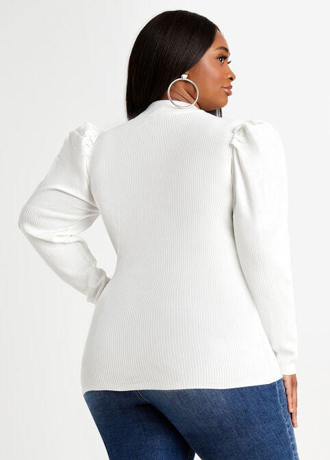 Ring Bow Cutout Mock Neck Sweater, White image number 1