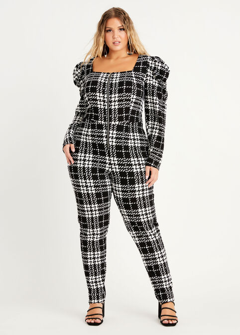 Plus Size Houndstooth Puff Sleeve Zip Front Sexy Skinny Leg Jumpsuit image number 0