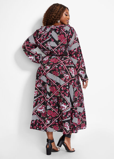 Belted Mixed Print Wrap Maxi Dress, Multi image number 1