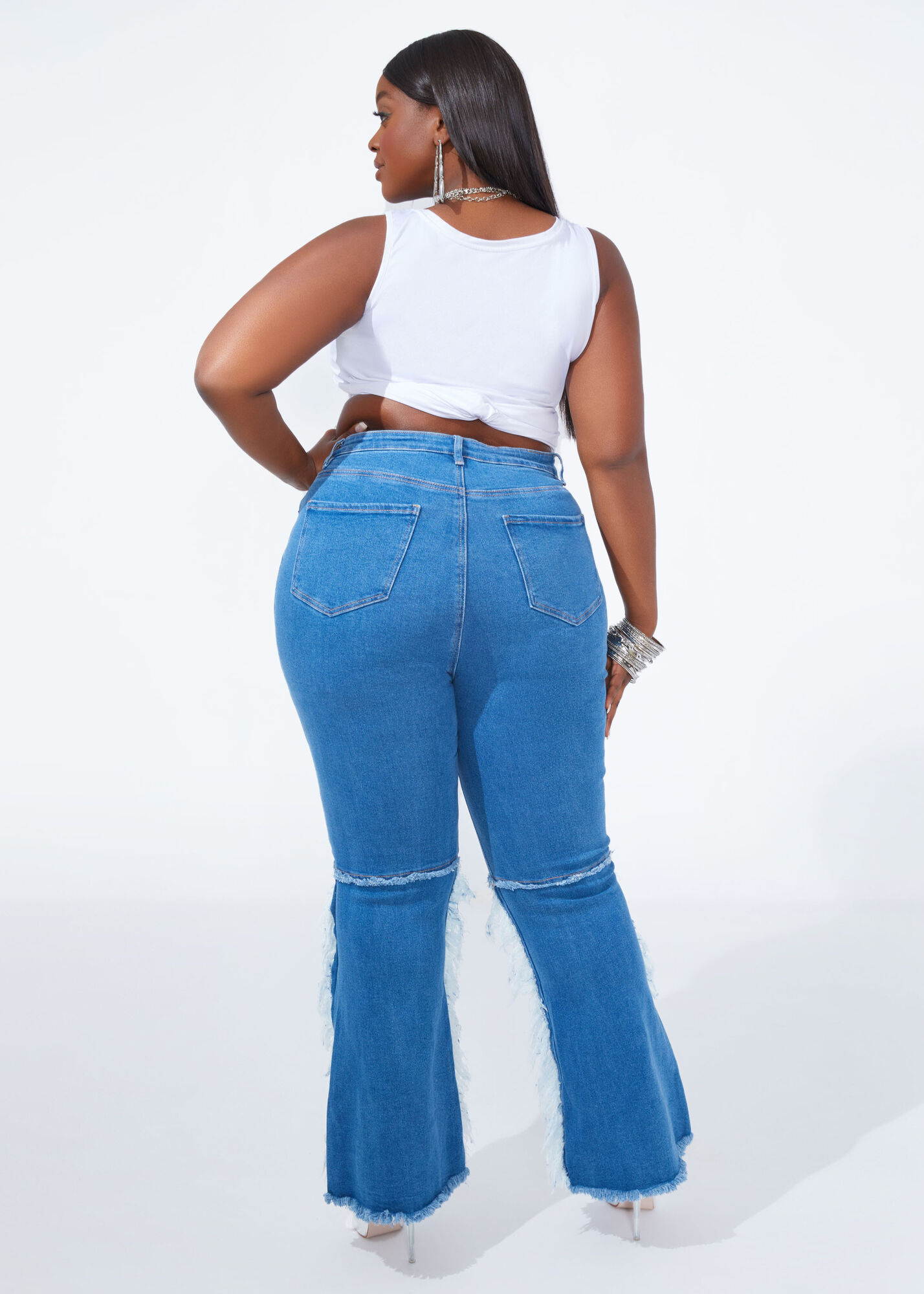 Plus Size Flared Jeans High Waist Stretchy Denim Distressed Flare Jean