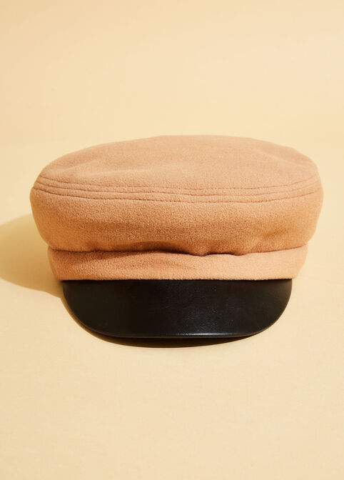 Felt And Faux Leather Cabbie Hat, Tan image number 2