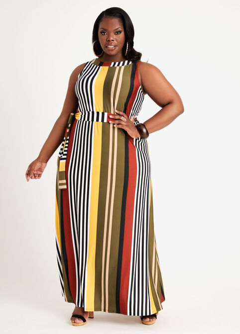 Belted Stripe Sleeveless Maxi Dress, Multi image number 0