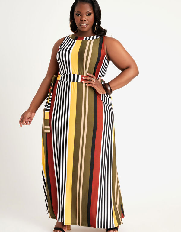 Belted Stripe Sleeveless Maxi Dress, Multi image number 0