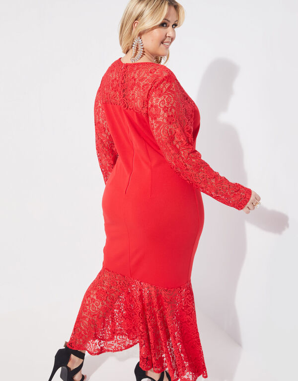 Lace Paneled Flounced Mermaid Gown, Red image number 1