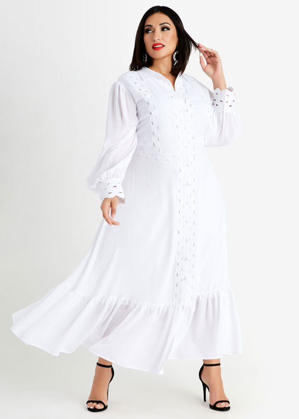 Cutout Lace Trim Maxi Shirtdress, White image number 0