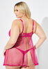 Lace Embroidered Mesh Babydoll Set, Fuchsia image number 1