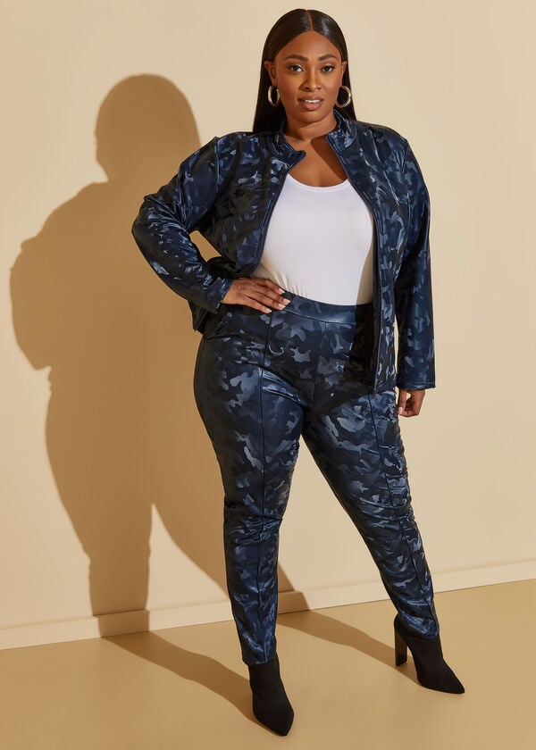 Camo Faux Leather Leggings, Navy image number 0