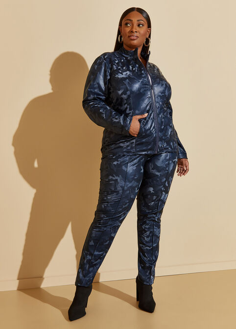 Camo Faux Leather Track Jacket, Navy image number 2