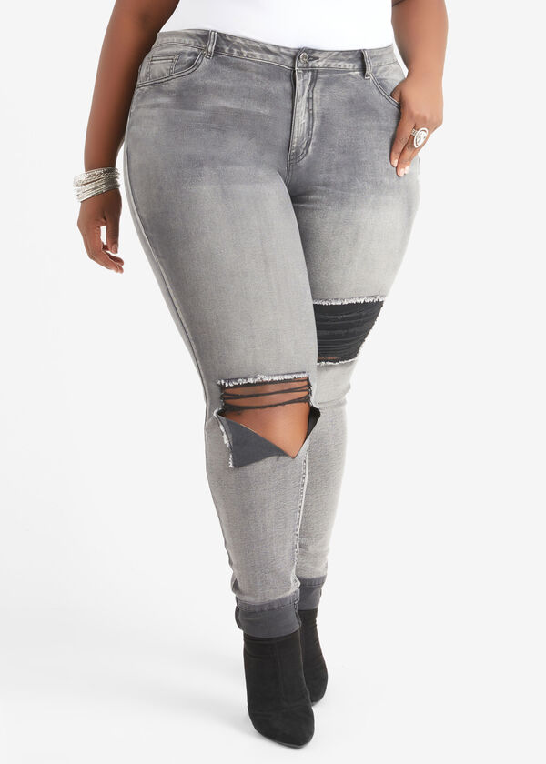 Cutout Distressed Skinny Jeans, Grey image number 0