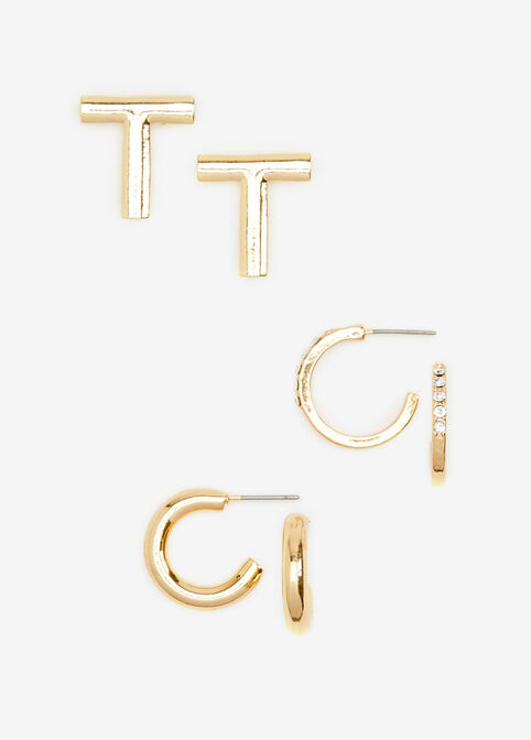 Gold T Initial Studs & Hoops Set, Gold image number 1