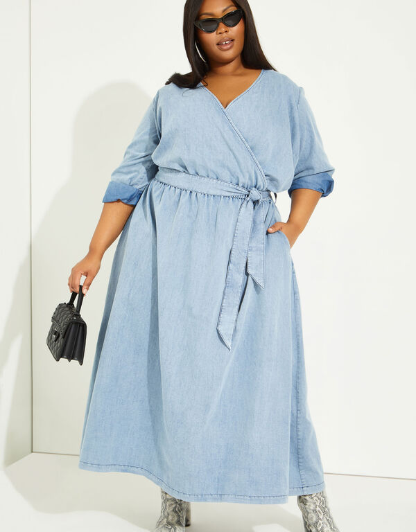 Faux Wrap Chambray Maxi Dress, Denim image number 0