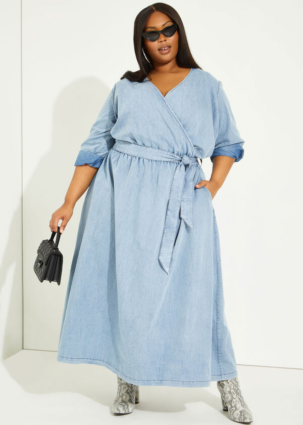 Faux Wrap Chambray Maxi Dress, Denim image number 0
