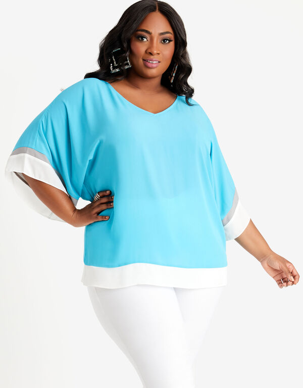 Colorblock Wide Sleeve Blouse, Blue image number 0