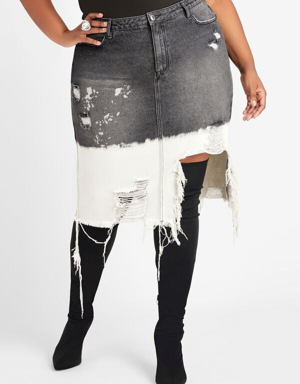 Distressed Dip Dye Denim Skirt, Black Combo image number 0