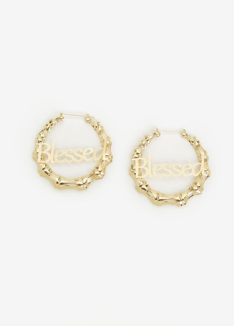 Gold Blessed Bamboo Hoop Earrings, Gold image number 0