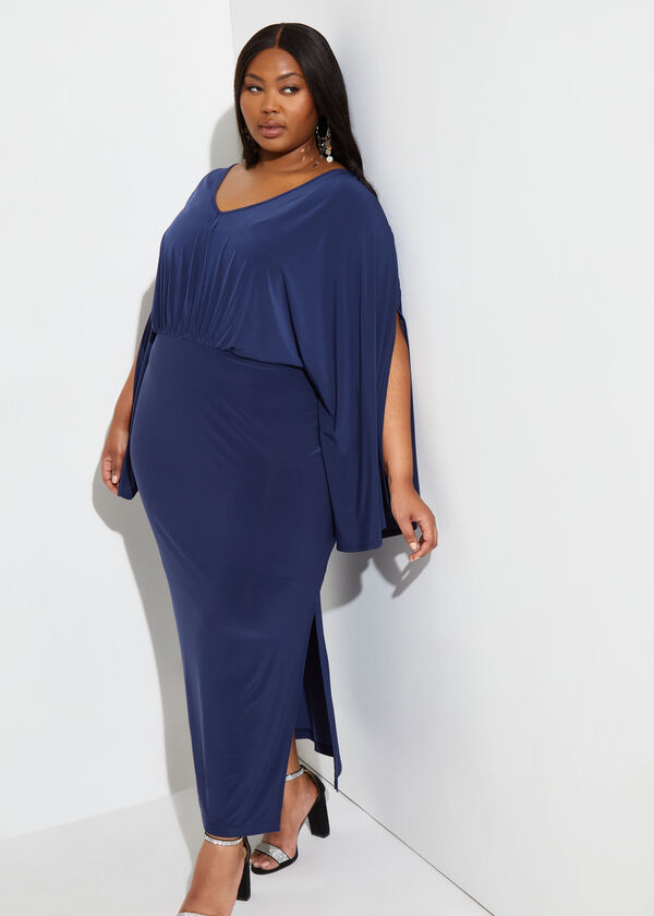 Draped Stretch Knit Maxi Dress, Peacoat image number 2
