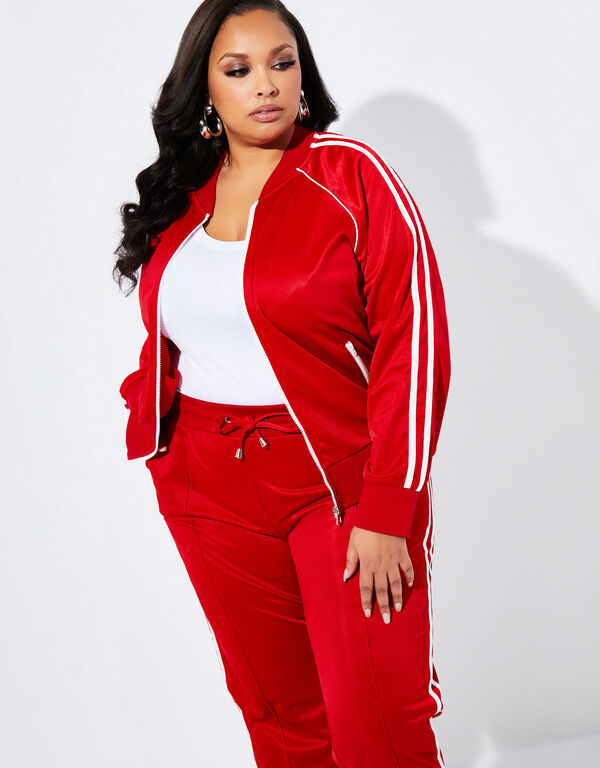 Striped Stretch Knit Track Jacket, Barbados Cherry image number 0