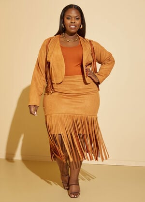 Faux Suede Fringed Midi Skirt, Tan image number 0