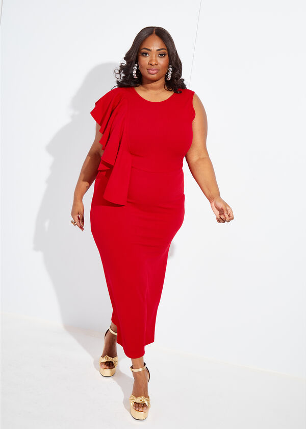 Ruffled Textured Knit Maxi Dress, Red image number 0