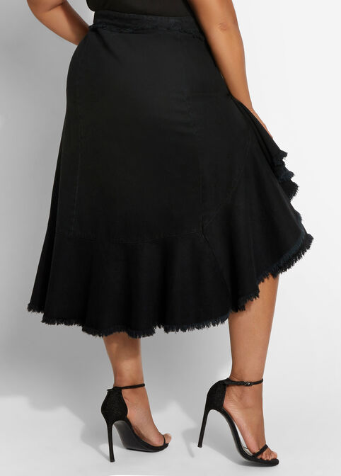 Ruffle Frayed Hi Low Denim Skirt, Black image number 1