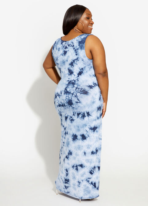 Belted Tie Dye Bodycon Midi Dress, Blue image number 1