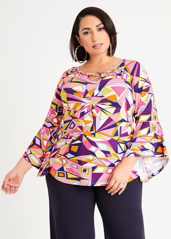 Abstract Ring Keyhole Bell Sleeve Top, Multi image number 0
