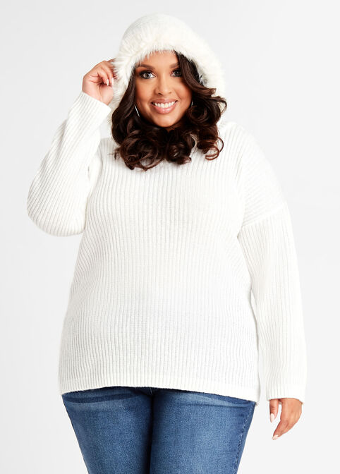 Plus Size Knitwear Ribbed Knit Faux Fur Trimmed Hooded Tunic Sweater image number 0