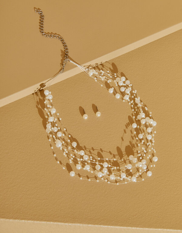 Faux Pearl Layered Necklace Set, Pearl image number 1