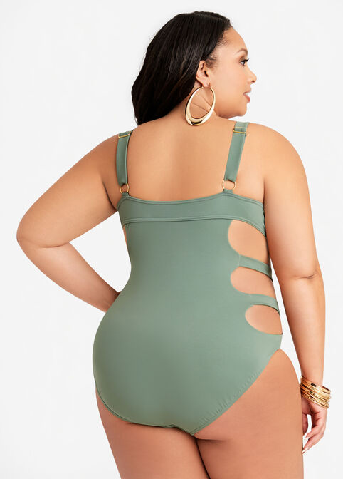Fit4U Cutout One Piece Swimsuit, Olive image number 1