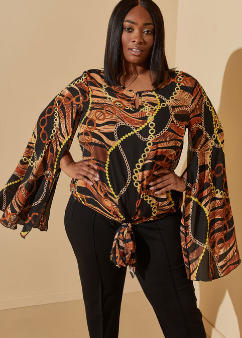 Knotted Printed Crepe Blouse, Multi image number 0