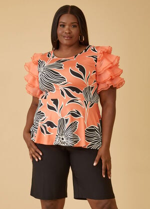 Ruffled Floral Print Peplum Top, LIVING CORAL image number 0