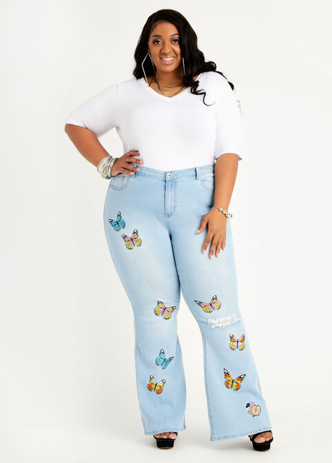 Butterfly Distressed Flare Jeans, Lt Sky Blue image number 2