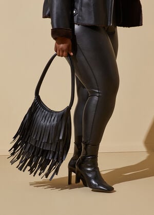 Fringed Faux Leather Bag, Black image number 0