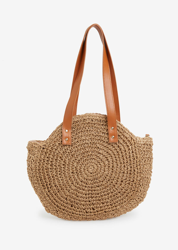 Faux Leather Trimmed Straw Bag, Natural image number 1