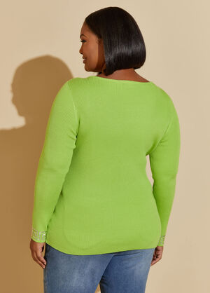 Greek Key Embellished Sweater, Lime Green image number 1