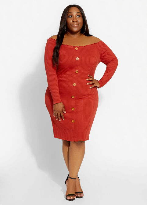Plus Size Off The Shoulder Button Trim Ribbed Knit Bodycon Sexy Dress image number 0