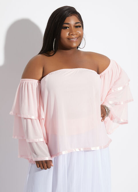 Plus Size Mesh Off The Shoulder Satin Trim Sexy Sheer Tier Party Tops image number 0