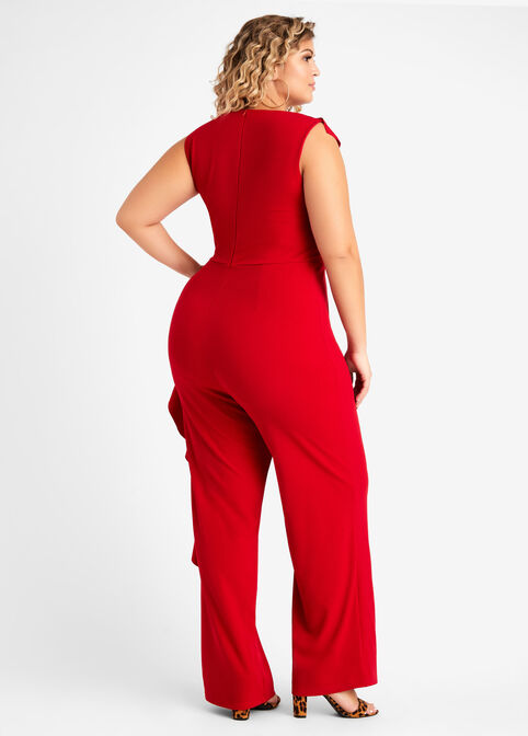 Ruffle Front Wide Leg Jumpsuit, Red image number 1