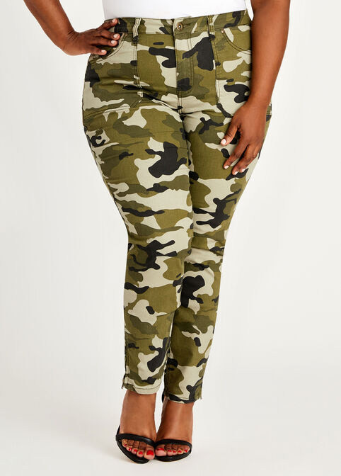 Camo Hi Rise Ankle Zip Skinny Pant, Military Olive image number 0